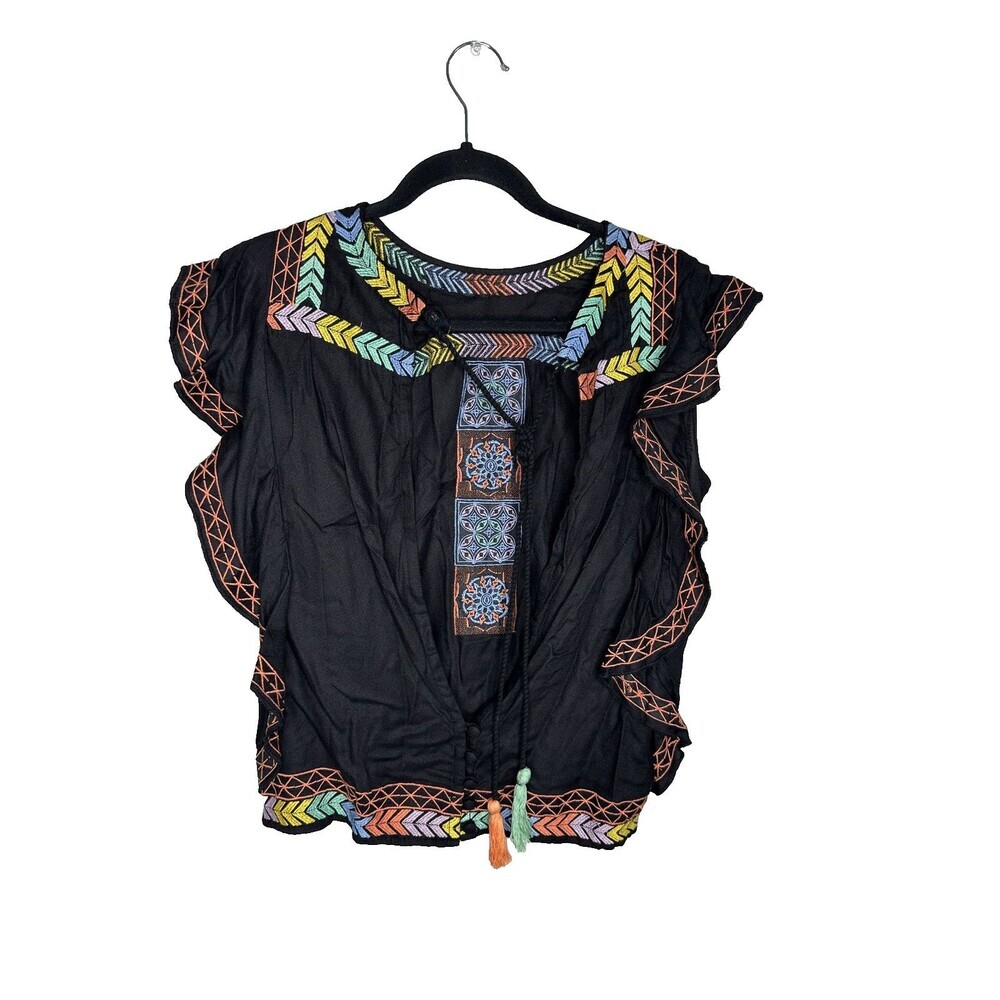 Ban Jara Top Womens Medium Black B2176-GRAPH Embroidered Boho India Tassel Rayon - Picture 6 of 6